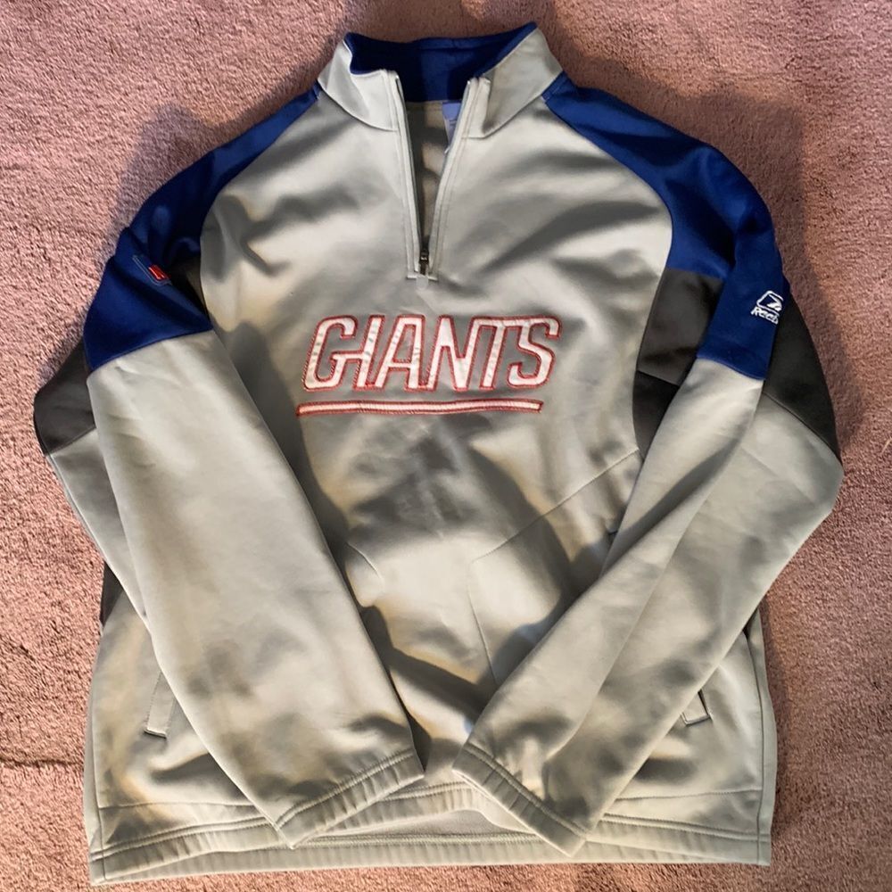 Reebok NFL Team Apparel New York Giants Quarter Zip Pullover Grey Blue Mens L